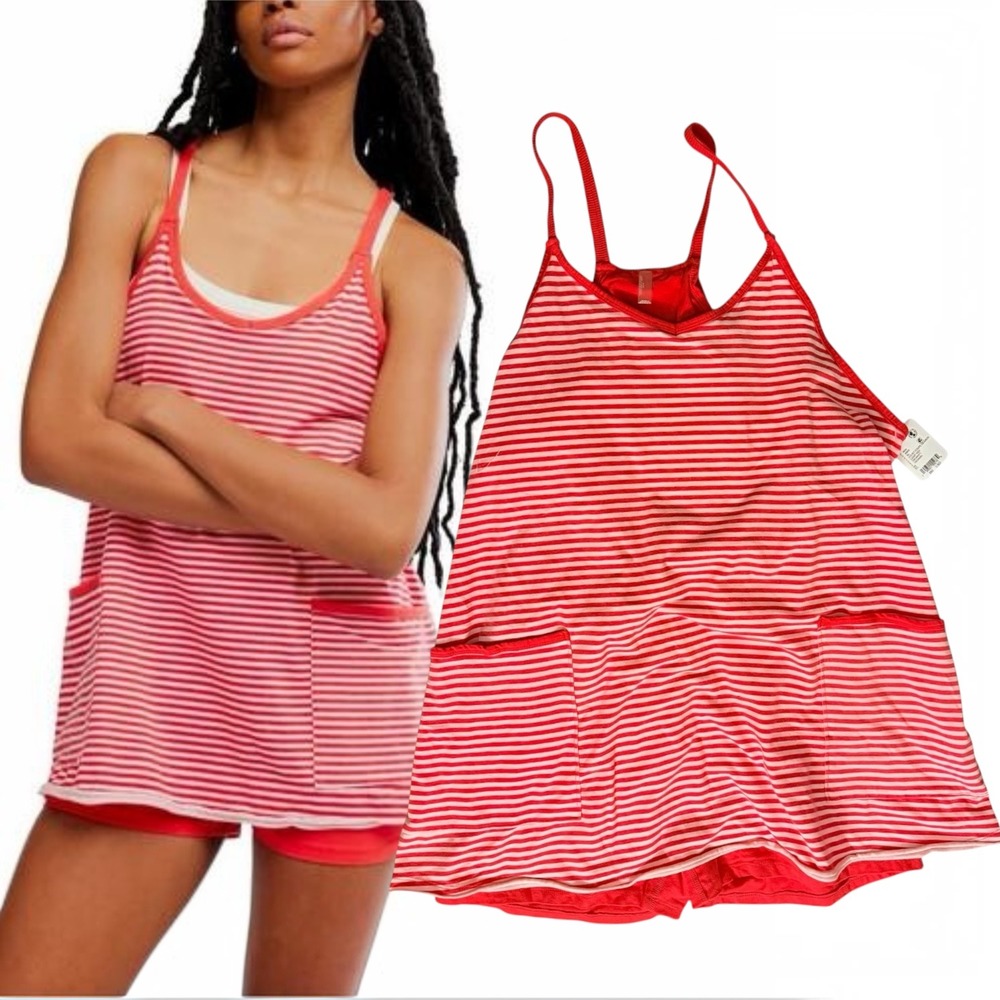 Free People FP Movement Everyday Striped Romper Red Pink XL